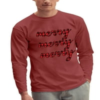 Ma Croi Mens Коледна почивка „Весела“ цифрово отпечатана графична графична карирана шрифт Класически тениски за шия на екипажа