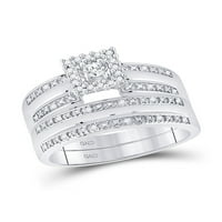 Солидна стерлингова сребро, неговата и нейната кръгла диамантена пасианс съвпада двойка три пръстена булчински годежен пръстен сватбени ленти комплект Ct. -