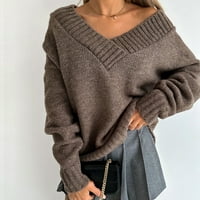 Zunfeo пуловер за жени- плетани върхове V-образен солиден пуловер модерен свободен год с дълъг ръкав ежедневни есенни върхове кафе m