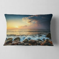Дизайнарт изгрев и блестящи вълни в морето - възглавница за хвърляне на морския бряг-12х20