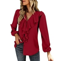 Ризи за жени солиден цвят v-образен мач моден моден ежедневен бутон за дантелени максимуми улични облекла ризи ризи