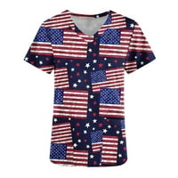 Aufmer Clearance Патриотични ризи за жени активно облекло американски флаг, дами модни ежедневни солидни кръгли джобове с къс ръкав с къси ръкави, разхлабени тениски пуло?