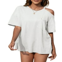 Летна риза за странична цепка за жени ежедневни плажни тениска с къс ръкав блуза секси студено рамо отгоре разхлабени торбисти тий