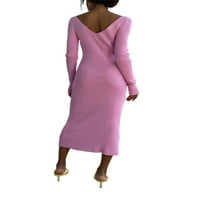 Женски плетен пуловер MIDI рокля от рамо v шия дълъг ръкав тънка рокля с молив за тяло