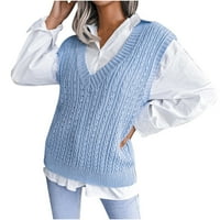 Symoid Womens Pullover пуловери- Пуловер Небрежно твърдо твърди ръкав капка рамо V-образно слепи топли на суичъри, за есента на пролетта зимно синьо m