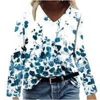 Дамски летни върхове Женски моден ежедневен V Врат, удобен с дълъг ръкав отпечатани тениски блуза Блуза свободни горни върхове