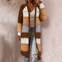 Kali_store дълги пуловери за женски женски кабел плетен жилетка бутон нагоре отворен фронт дълъг ръкав изходни палта зимни топли качулки кардигани кафяво, l