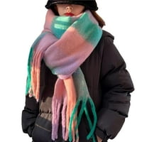 Жени зимен шал контраст цвят сгъстяване на меки пискюли Леки поддържайте топла широка елегантна зимна шал шал за ежедневно износване, синьо