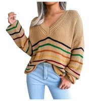 kpoplk жени от рамо с v-образно деколте с дълъг ръкав оребрена кабел плетат пуловери пуловер свободно прилепване на джъмперните върхове khaki, m
