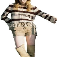 Genuiskids женски еднообръмен пуловер контраст цвят на райета шарка с дълъг ръкав яка пискюли подгъвачи на кардиган върхове