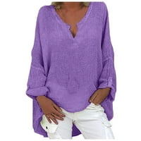 Женски върхове V-образно деколте блуза модни графични отпечатъци летни тениски с дълъг ръкав туника тий лилаво 3xl