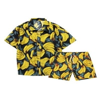 Хайт мъжки риза комплект тропически печат хавайски комплекти бутон надолу и къси костюми плаж лято 2-части жълто l