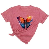 Strungten Women Fashion Butterfly Printing O-Neck Кратка тениска Разхлабена блуза Топ Голяма тениски за жени