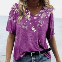 Дамски върхове дамски моден ежедневен печат v шия къси ръкави отпечатани тениски лилаво l