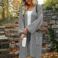 Tking модна дамска жилетка пуловери плетка с дълъг ръкав отворен фронт есен и зимен плътно цвят свободен плетен пуловер със средна дължина жилетка за жени светло сив?