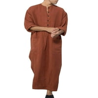 Grianlook Men Maxi Rish Solid Color Prayer Robe Мюсюлманска рокля Мъжки винтидж ризи Kaftan с дълъг ръкав върхове кафяви xl