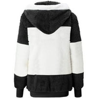 Якета за момичета руно цветно блок жилетка палта падат големи размери размито палто, топло връхни дрехи с качулка черен xl