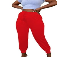 Beiwei жени небрежни суитчъри с висока талия плюс размери панталони за крак дами дами атлетически спорт панталон с джобове червено l