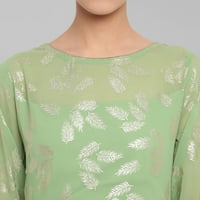 Janasya Indian Round Neck Full Dleave Botanical Print Светлина зелена поли креп Курта за жени