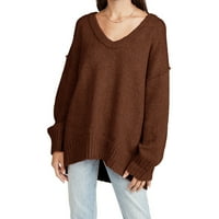 YSKKT дамски пуловер с туника с V-образно рамо Голями пуловери Разхлабени плетени дълги ръкав Небрежни джъмперни върхове