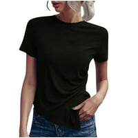 Жени летни върхове тениска с къс ръкав твърд цвят Основи Крюнек ежедневни тениски тениски тениски черен XL, САЩ размер 10