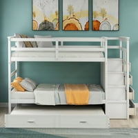 Cosotower Molid Wood Bunk Bed, твърдо дърво близнак над двойно двуетажно легло с Trundle и Staircase, естествено бяло покритие