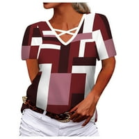 Leylayray дамски върхове дамски v-образен кръст издълбан разхлабена мода нередовна геометрична печат комфортен мек тениска с къси ръкав Небрежни върхове червени xxl