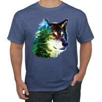 Земята вълк дървета планини природа животински любовник Мъжки Графичен тениска, реколта Хедър синьо, Малки