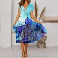 Finelylove Абитуриентски рокли Летни рокли V-образен отпечатан с къс ръкав Макси синьо