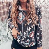 Дамски печатни мода Топ риза с качулка Дълъг ръкав ежедневни суитчър пуловер суитчър с джоб Дамски качулки Черно