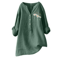 Дамски якичка Дълъг ръкав ризи случайни маргаритка печат памук ленени ризи Кватер-бутон в-врата блуза зелен с