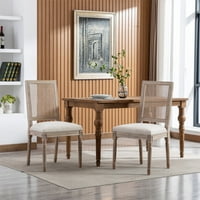 Френски столове за хранене Комплект от 2, Реколта френски столове за хранене Комплект, дърво рамка бельо плат столове за сядане с живопис ратан обратно, хол столове