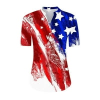 Одирби патриотична риза за жени 4-ти юли Хенли върхове Мода Лято в шията Свободно Време копчета с къс ръкав печат блуза с джоб Бордо