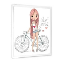 Дизайнарт 'млада жена с велосипед' детско изкуство в рамка Арт Принт