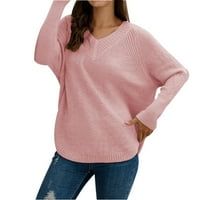 Voncos дамски пуловер пуловер пуловер Небрежен- лек дълъг ръкав v Врат Платест пуловер за жени плюс размер розов размер m