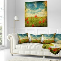 Дизайнарт небе фон с червени макове - флорална възглавница-16х16