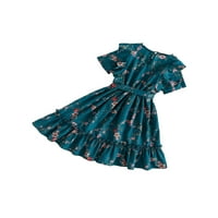 Boho Floral Print Кръгла врат линия с къси ръкави сини рокли за момичета рокли