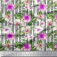 Soimoi Grey Poly Georgette Fabric Tropical Leaves, Stripe & Floral Print Sheing Fabric Wide