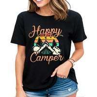 Летни върхове щастлива риза за кемпери за жени Забавни графични тройници с къс ръкав Писма при печат ежедневни тениски черна среда