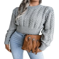 Женски пуловер Прост плътно цветово усукване плетен с дълъг ръкав кръгла шийка дължина на пъпа дишащ пуловер