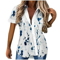 Модна жена Причинно-флорална печат блуза с къси ръкави ризи летни копчета надолу върхове
