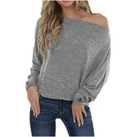 Плюс размери върхове за жени облечени модни жени небрежни пуловер пуловер извън рамото бутон с дълъг ръкав тийнейджъри върхове сиви s