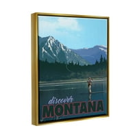 Открийте Езерото Монтана Риболов Сцена Пейзаж Графика Изкуство Металик Злато Рамкирани Изкуство Печат Стена Изкуство