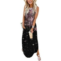 Finelylove Girls Summer Ressions Beach Maxi рокля v-образно отпечатано без ръкави Maxi Black L