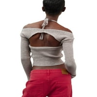 Женски секси в изрязана халтер с дълъг ръкав горна тениска с дълъг ръкав без гръб рамене y2k кухи блузи отгоре