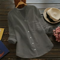Сиви тениски за жени памучно бельо ежедневно твърдо твърди риза с дълъг ръкав блуза върхове спално бельо