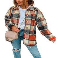 Жени карирани риза с дълъг ръкав небрежен бутон надолу якета