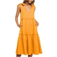 Cethrio жени рокля за лятна- слънчева рокля солидна рокля лятна каишка рокля линия midi рокля жълта