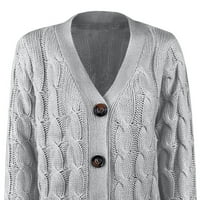 Дамски тромав кабел плетен жилетка плътно цветен бутон отворен преден пуловер ежедневен лек кардиган с джобове сиво