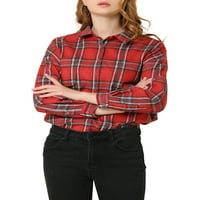 Allegra K женски карирани ризи бутон надолу с джобове с дълъг ръкав огромни туники блуза